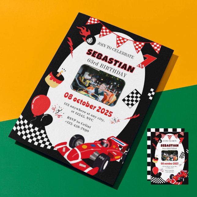 Convite de Aniversário da Corrida Vermelha e Preta (Funny Racing Car Birthday Invite)