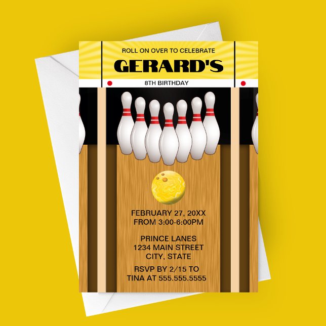 Convite de aniversário da faixa da Boliche retrorr (Yellow Retro Bowling Party Invitation)