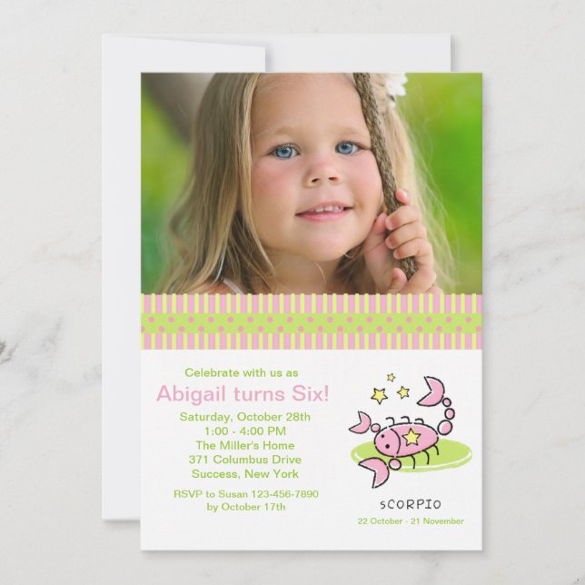 Convite de aniversário da foto da Escorpião (Frente)