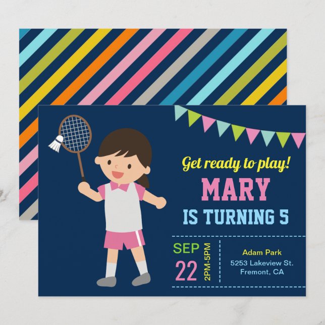 Convite de Aniversário da Garota de Badminton Fofa (Frente/Verso)