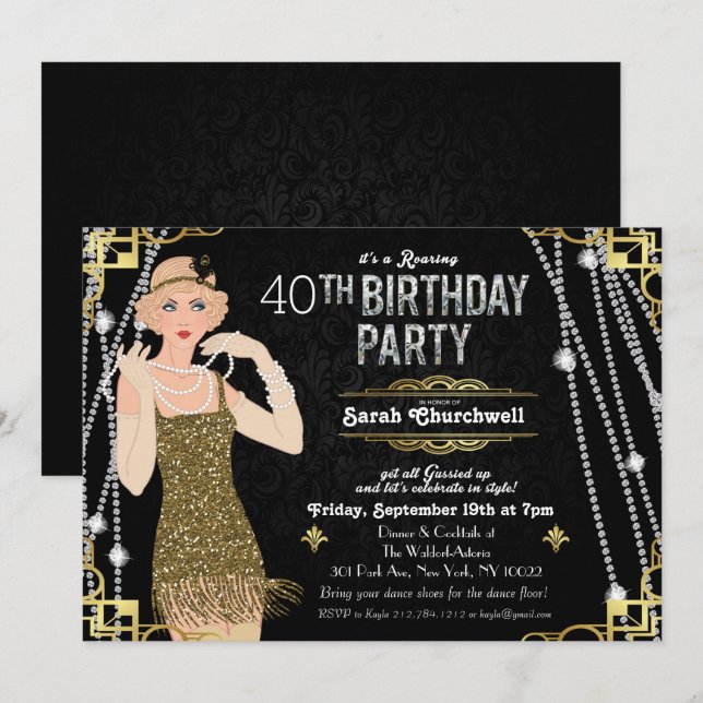 Convite de Aniversário da Garota Flapper do Grande (Frente/Verso)
