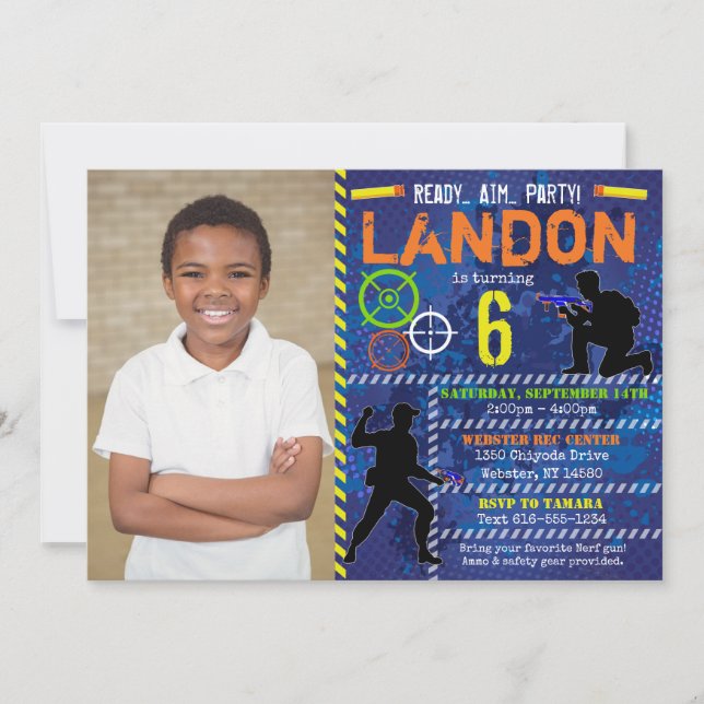 Convite de Aniversário da Guerra de Dardos com Fot (Frente)