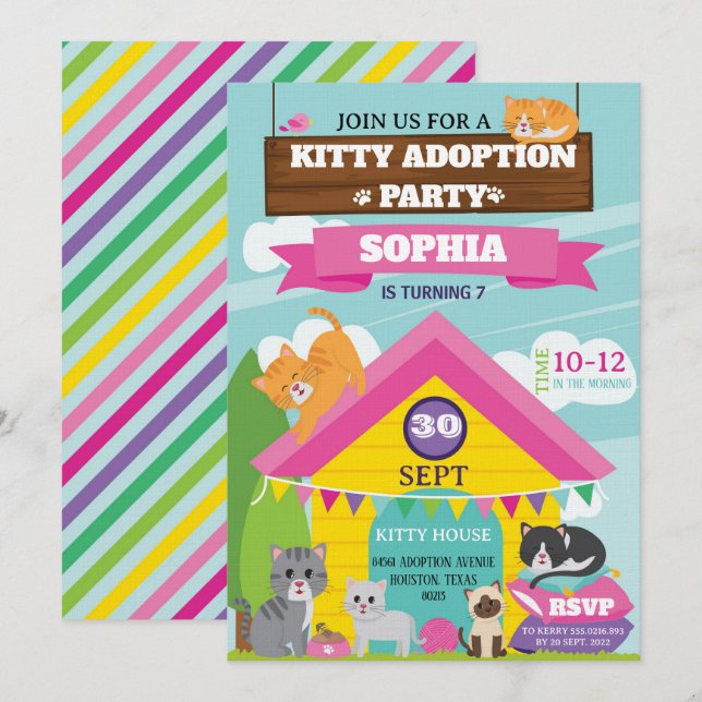 Convite de Aniversário da Kitty / Festa da Menina  (Frente/Verso)
