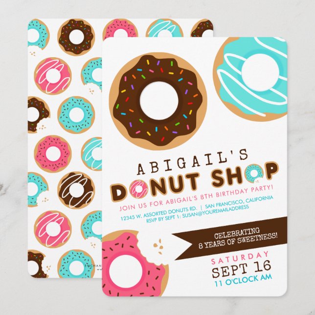 Convite de Aniversário da Loja de Donuts (Frente/Verso)