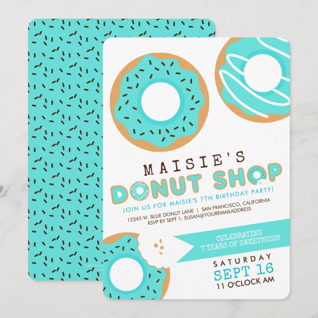 Convite de Aniversário da Loja de Donuts Azul (Frente/Verso)
