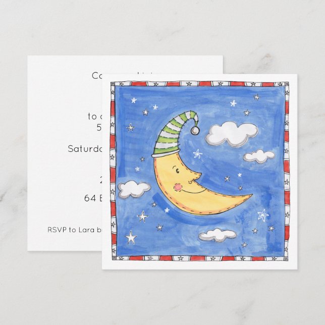 Convite de Aniversário da Lua Feliz Personalizado (Frente/Verso)