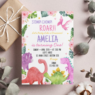 Convite de Aniversário da Menina Dinossauro Fofa