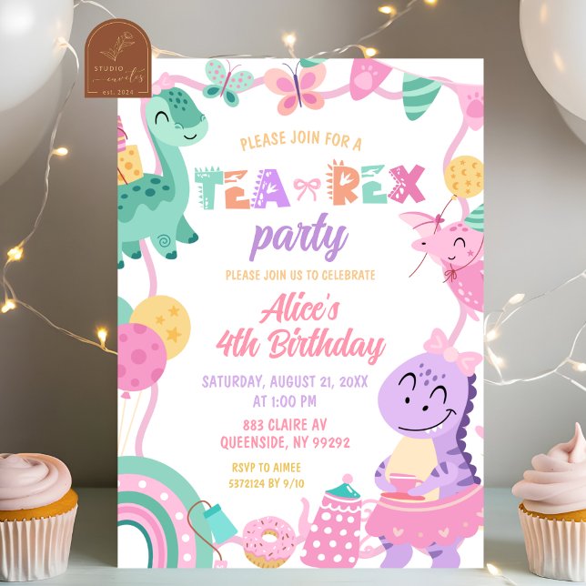 Convite de aniversário da menina dinossauro pastel (Criador carregado)