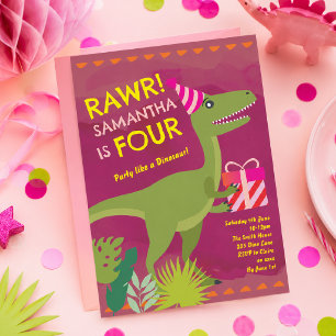 Convite de Aniversário da Menina Dinossauro Rawr T