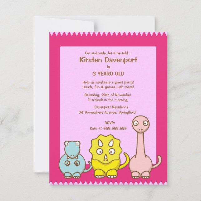 Convite de aniversário da Menina do Tema Dinossaur (Frente)