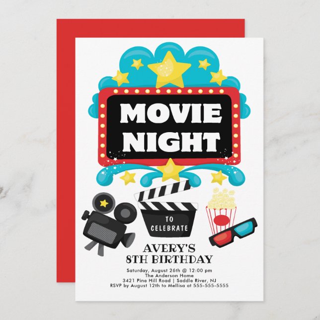 Convite de aniversário da Noite de Filme (Frente/Verso)