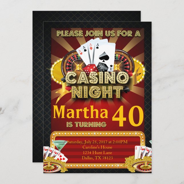 Convite de aniversário da noite do casino de Las (Frente/Verso)