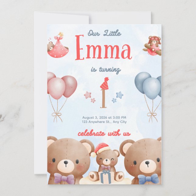 Convite de Aniversário da Nossa Pequena Emma – Ted (Frente)
