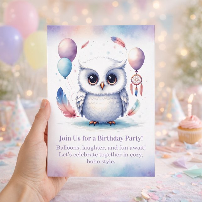 Convite de Aniversário da Pequena Coruja Snowy Boh (Little Snowy Owl Birthday Invitation Boho)
