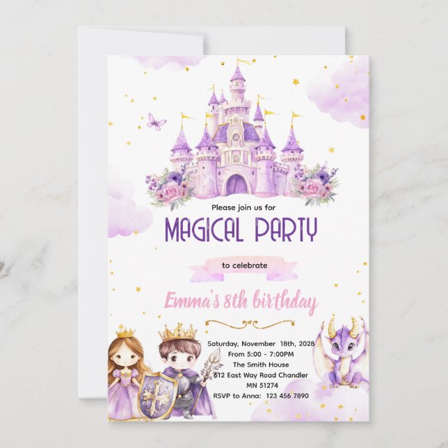 convite de aniversário da princesa cavaleiro roxa (Frente)