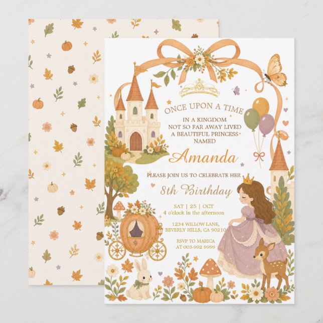 Convite de Aniversário da Princesa Conto de Fadas  (Frente/Verso)