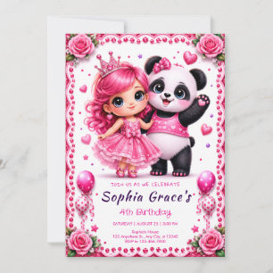 Convite de Aniversário da Princesa e Panda Rosa Bo