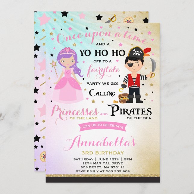 Convite De Aniversário Da Princesa E Pirata (Frente/Verso)