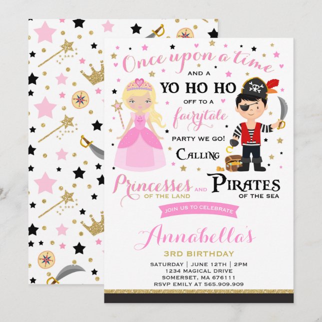 Convite De Aniversário Da Princesa E Pirata (Frente/Verso)
