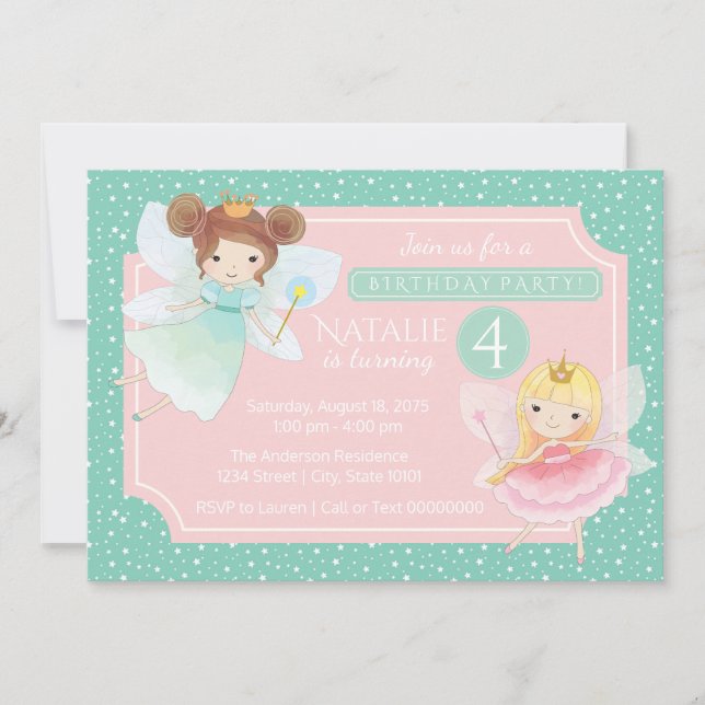 Convite de Aniversário da Princesa Fada Rosa Menta (Frente)