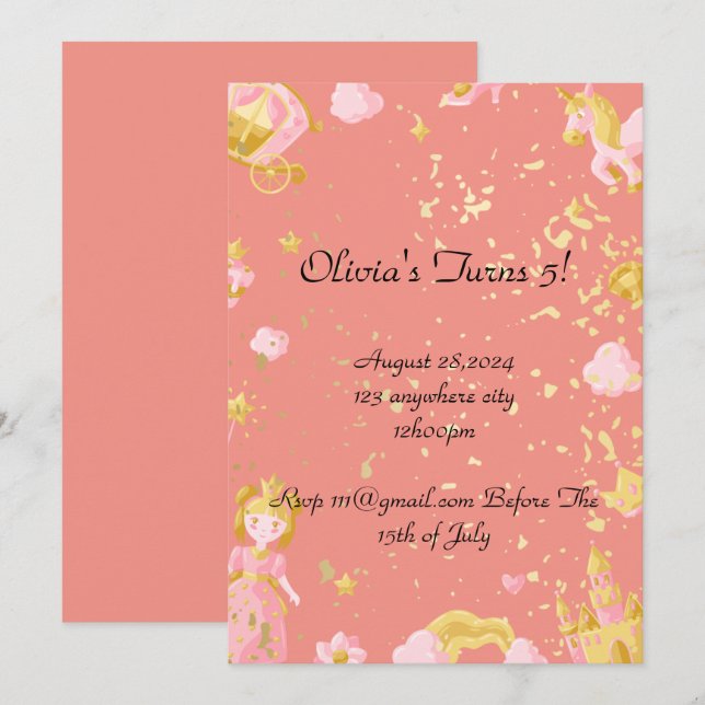 convite de aniversário da princesa rosa (Frente/Verso)