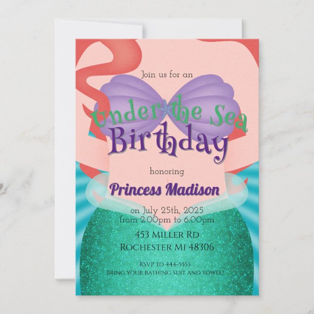 Convite de Aniversário da Princesa Sereia Debaixo  (Frente)