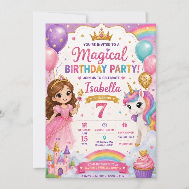 Convite de Aniversário da Princesa Unicórnio | Mag (Frente)