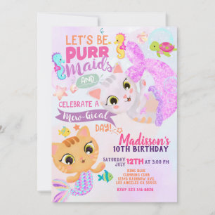 Convite de Aniversário da Purrmaids Sereia Gato