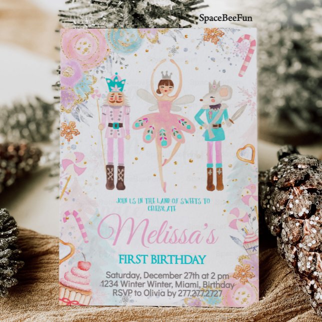 Convite de Aniversário da Quebra-Nozes Menina Terr (Nutcracker Birthday Invitation Girl Land of Sweets Invite Winter Sugar Plum Fairy Magical day)