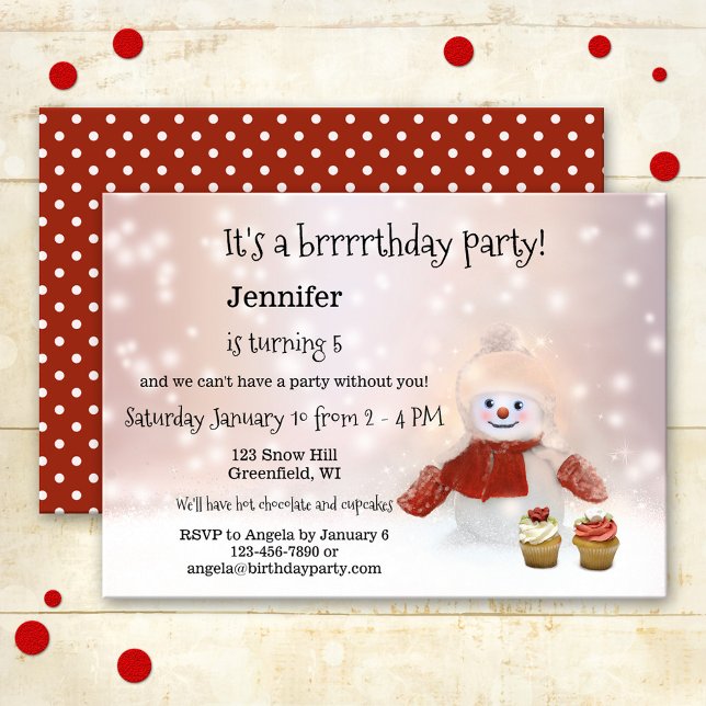 Convite de aniversário da Rapariga de inverno Snow (A cute winter birthday party invitation featuring a snowman with (optional) cupcakes)