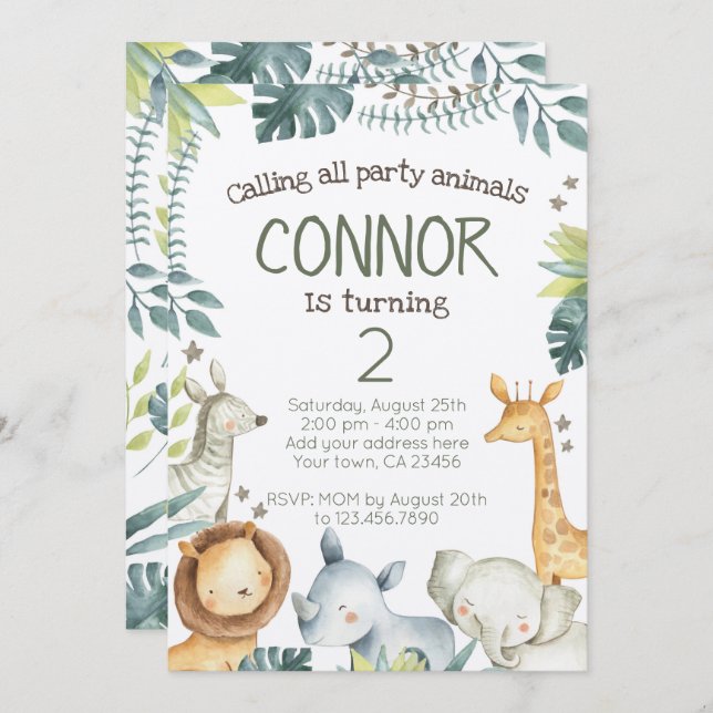 Convite de Aniversário da Selva Safari - Kraft (Frente/Verso)