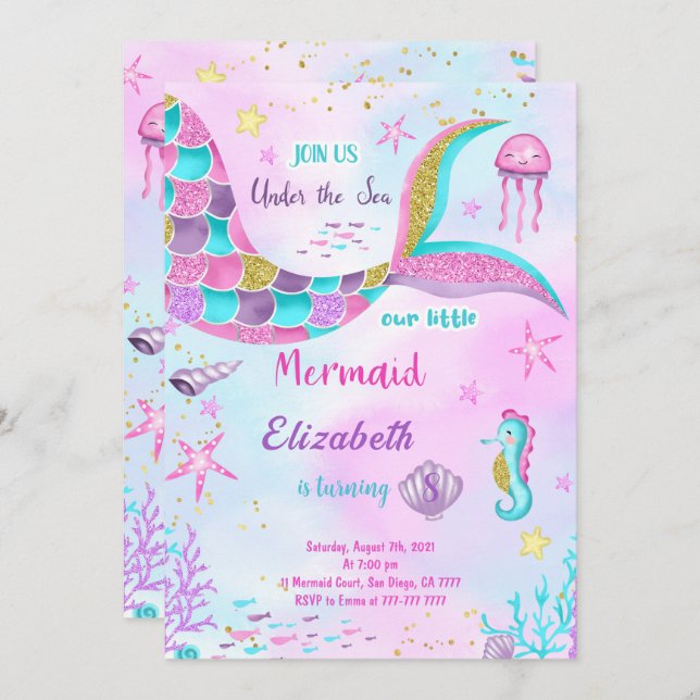 Convite de Aniversário da Sereia (Frente/Verso)