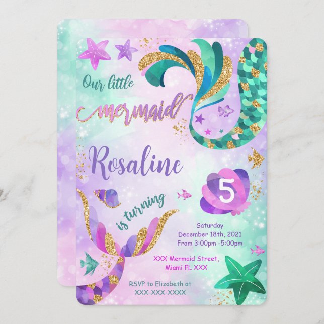 Convite de Aniversário da Sereia (Frente/Verso)