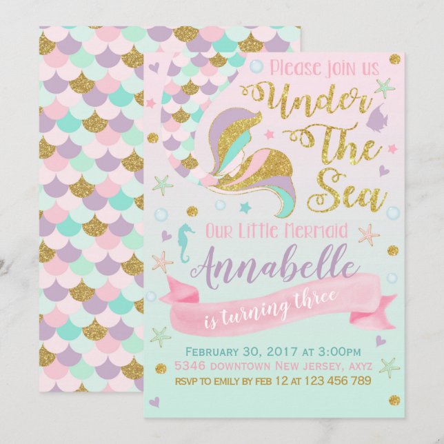 Convite de Aniversário da Sereia (Frente/Verso)
