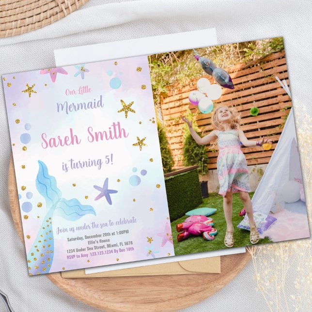 Convite de Aniversário da Sereia Azul com Foto (Blue Mermaid Birthday Invitations with photo)