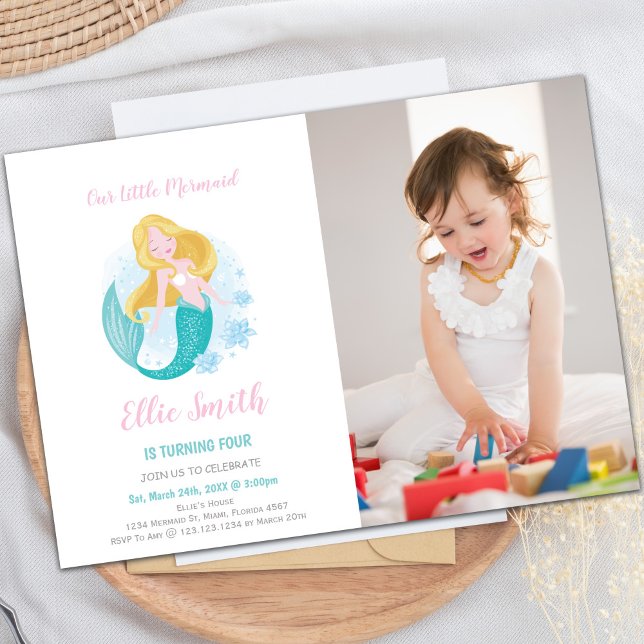 Convite de Aniversário da Sereia com Foto (Mermaid Girl Birthday Invitations with photo)