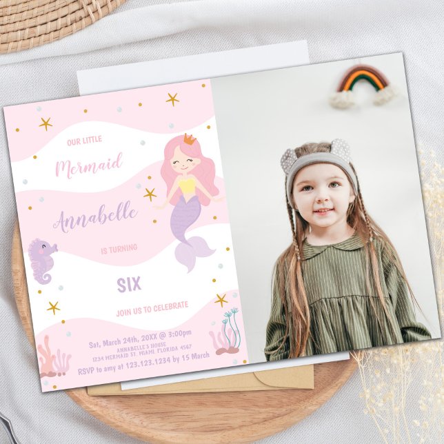 Convite de Aniversário da Sereia Coroa Rosa com Fo (Pink Crown Mermaid Birthday Invitations with photo)