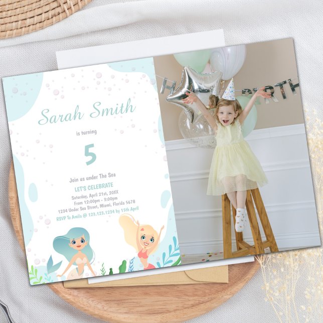 Convite de Aniversário da Sereia Loira com Foto (Blond Mermaid Birthday Invitations with photo)