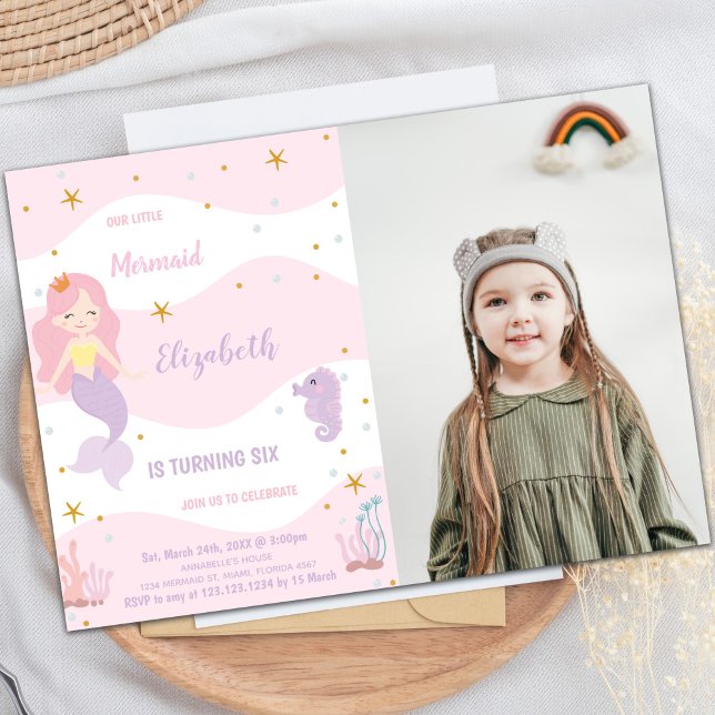 Convite de Aniversário da Sereia Rosa com Foto (Mermaid Pink Birthday Invitations with photo)