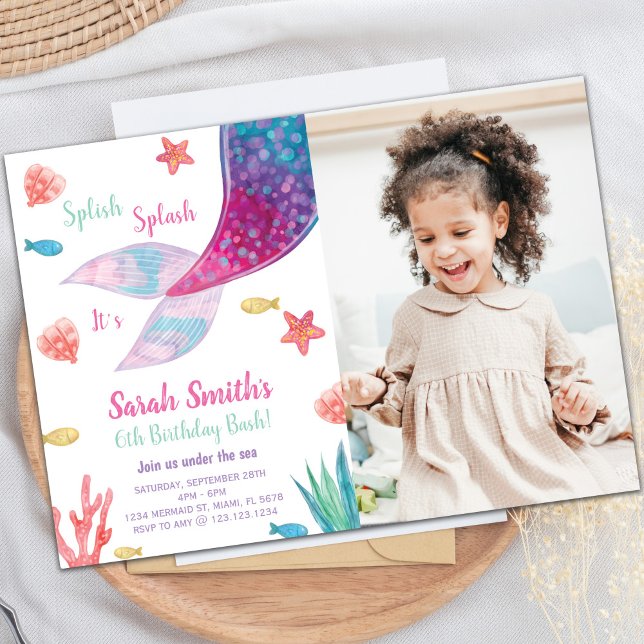 Convite de Aniversário da Sereia Rosa Escura (Dark Pink Mermaid Tail Birthday Invitation w photo)