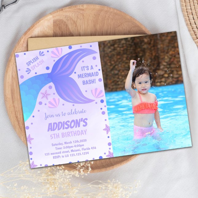 Convite de Aniversário da Sereia Roxa com Foto (Mermaid Purple Birthday Invitations with photo)