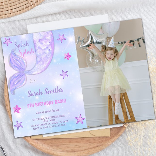 Convite de Aniversário da Sereia Roxa Star (Purple Star Mermaid Birthday Invitations w photo)