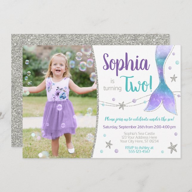 Convite de Aniversário da Sereia | Sob o mar (Frente/Verso)
