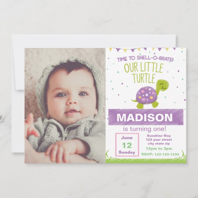 Convite de Aniversário da Tartaruga Roxa com Foto (Frente)