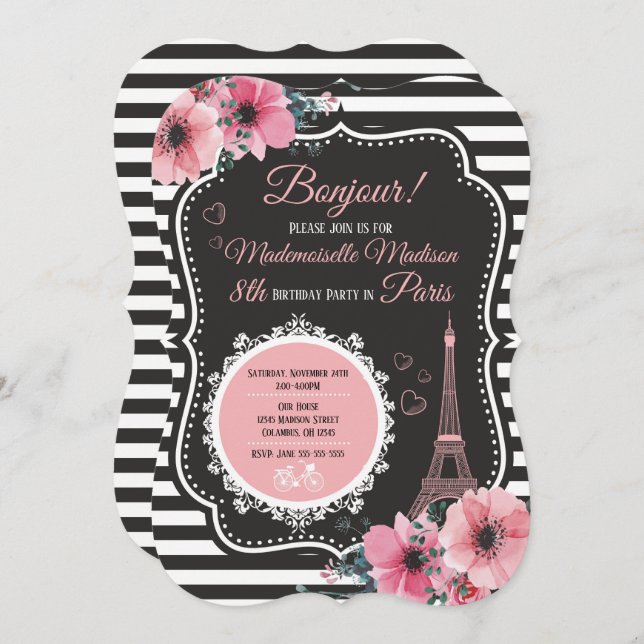 Convite de aniversário da torre Eiffel de Paris (Frente/Verso)