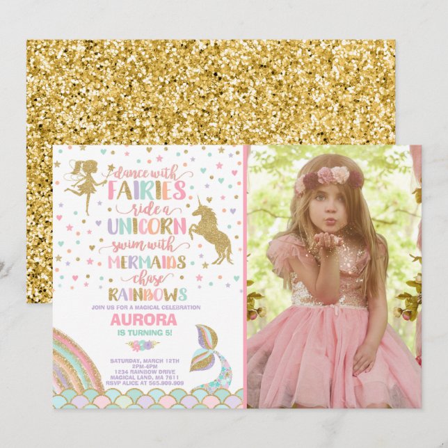 Convite De Aniversário Da Unicórnio Sereia E Fada (Frente/Verso)