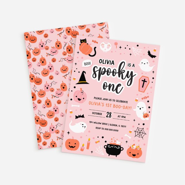 Convite de Aniversário de 1º Halloween Rosa e Lara (White BG Pink and Orange Halloween 1st Birthday Invitation)