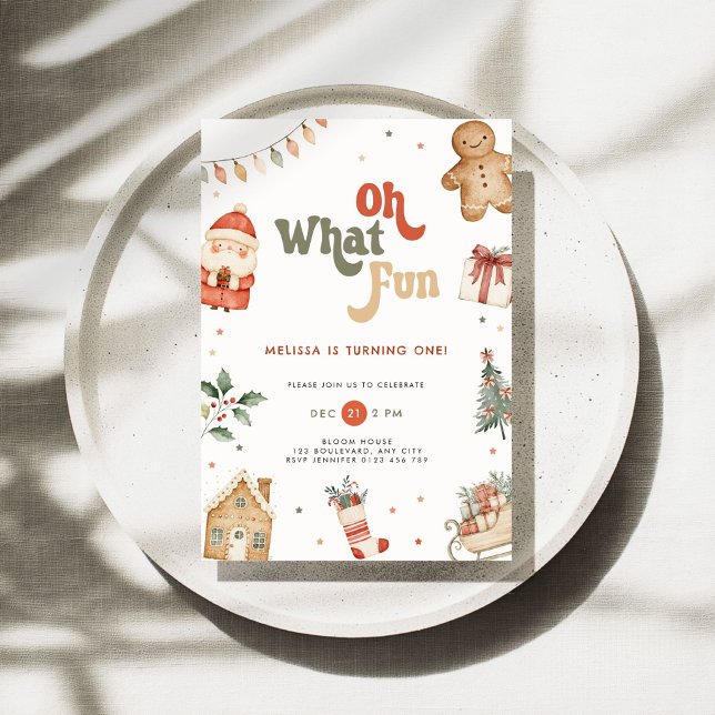 Convite de Aniversário de 1º Natal Vermelho Oh Que (Oh what fun christmas 1st birthday invitation for boys and girls
)
