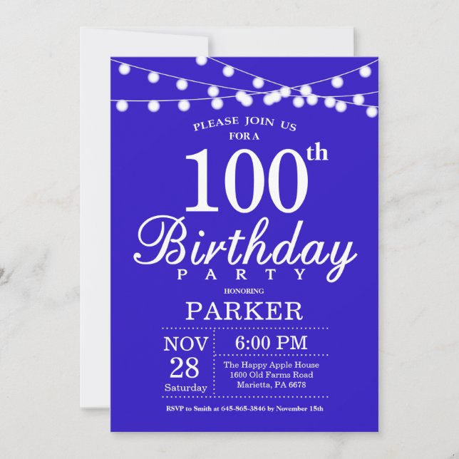 Convite de Aniversário de 100 anos Azul Real (Frente)