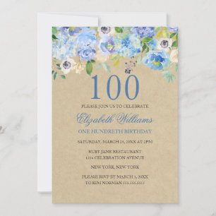 Convite de Aniversário de 100 anos Blue Floral Wat